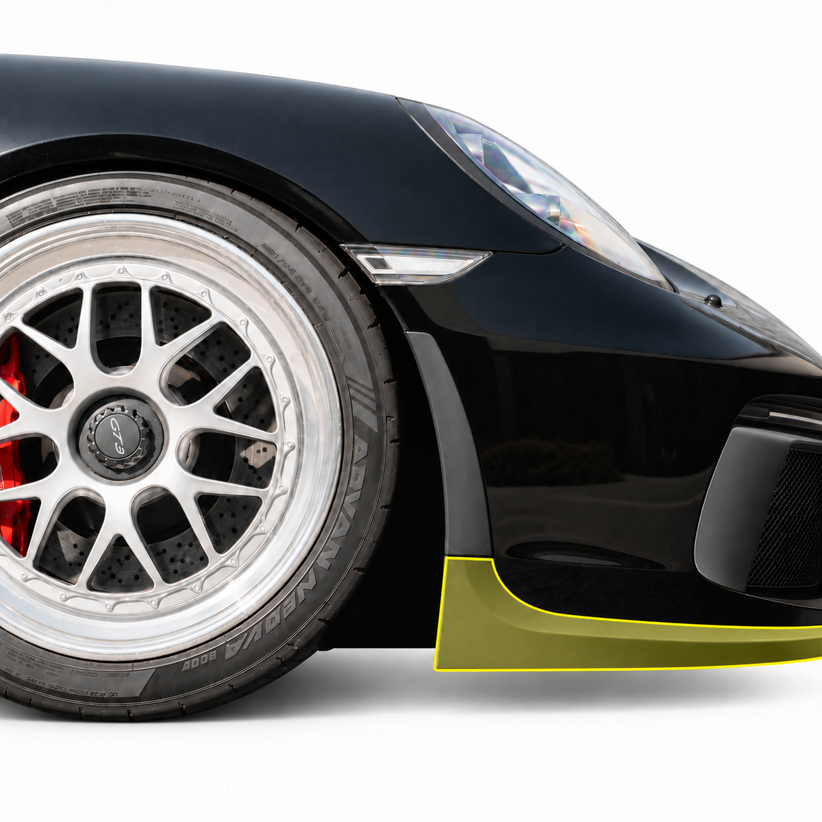 Porsche 991.2 GT3 Cup front lip highlighted in yellow on a black 991.2 GT3; side extensions sold separately.