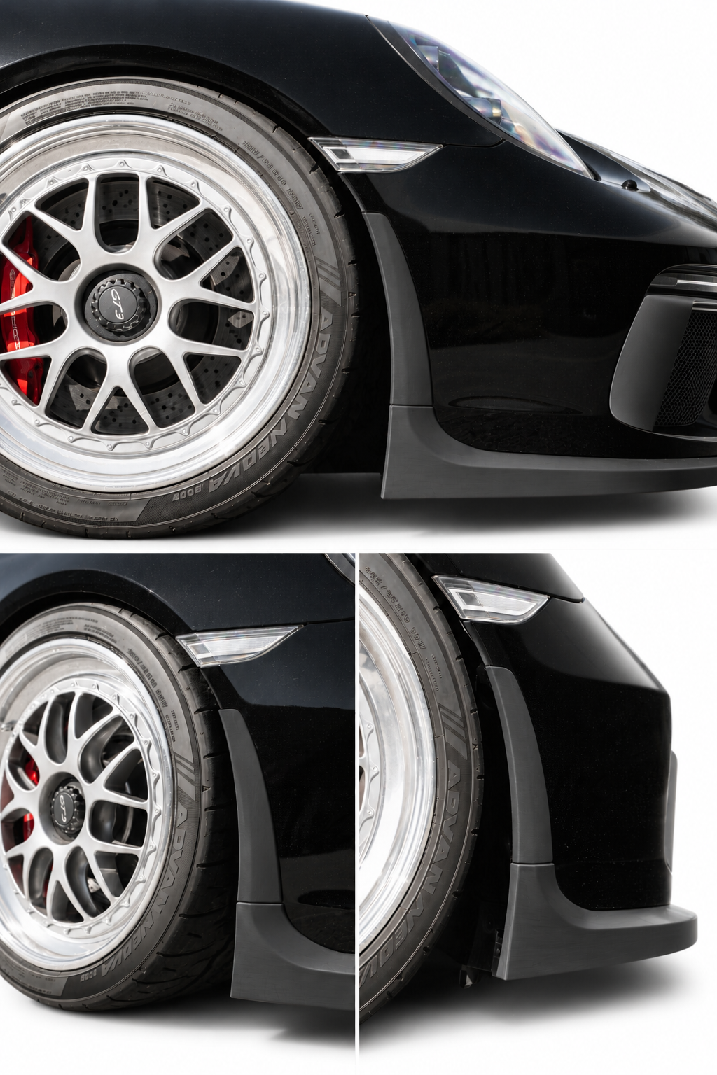 RNS Composites 991.2 GT3 Cup lip side extension fitment views; aftermarket alternative to Manthey Racing side extensions.