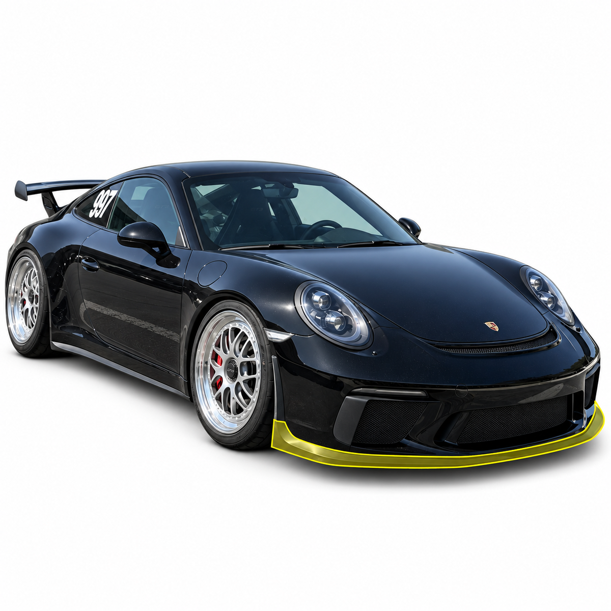 Black Porsche 991.2 GT3 on a white background with only the Cup front lip spoiler highlighted in yellow; illustrative highlight, side extensions sold separately.