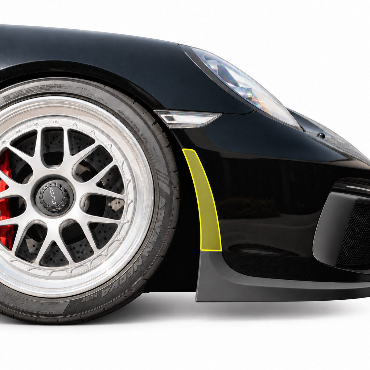 RNS Composites 991.2 GT3 Cup lip side extension highlighted in yellow; factory front lip sold separately.